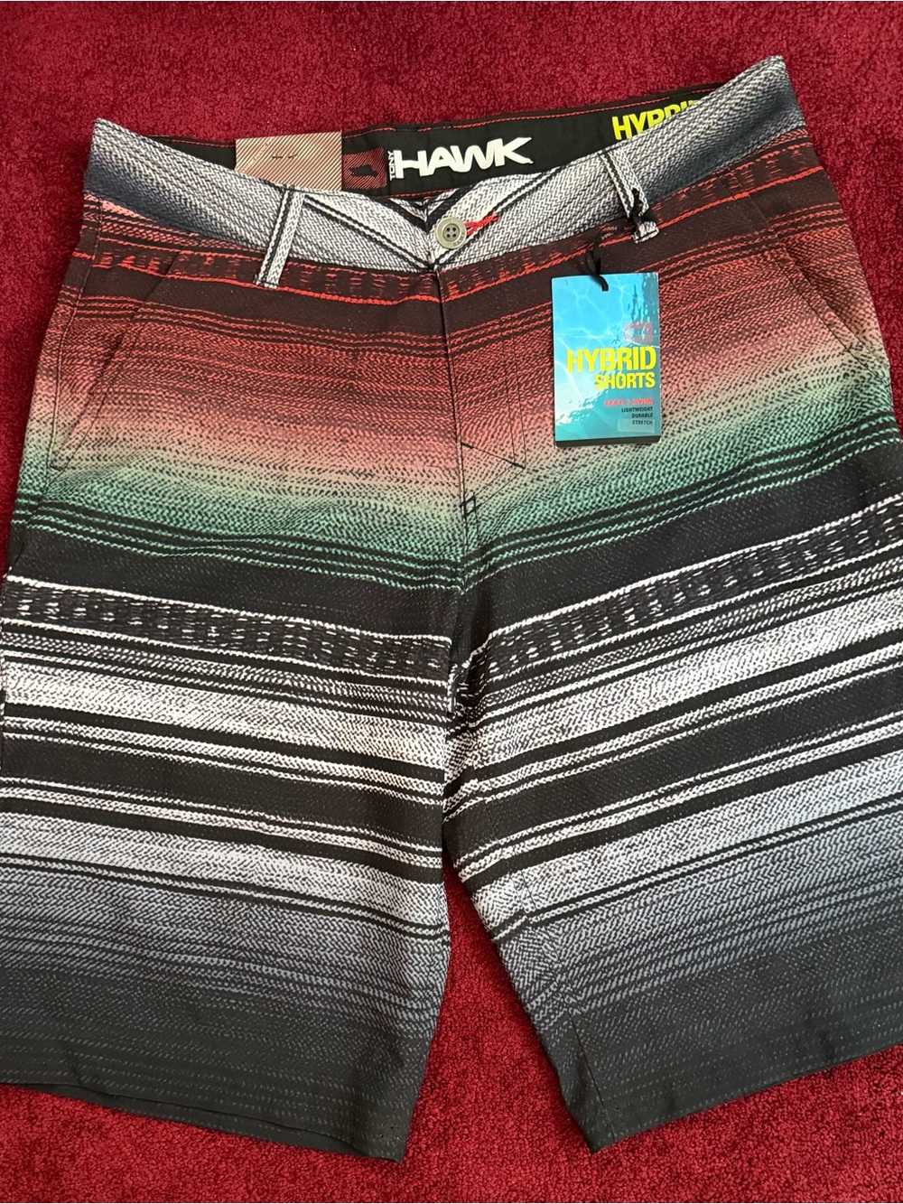 Tony Hawk Hybrid Men's Striped Shorts - Red, Green, Black, White size 34